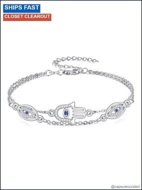 925 Sterling Silver Evil Eye Hamsa Bracelet Layered Protection Gift